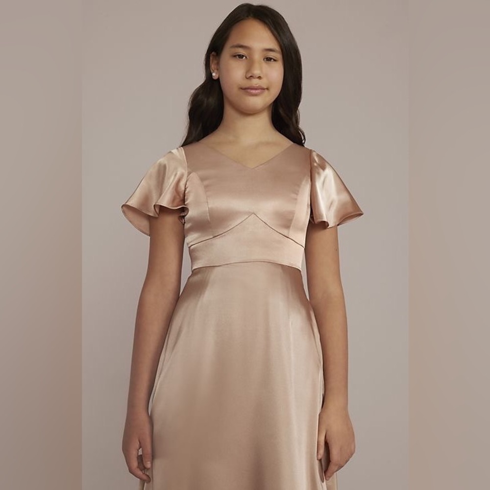 David’s Bridal Galina Signature charmeuse junior bridesmaid dress sand nwt 16